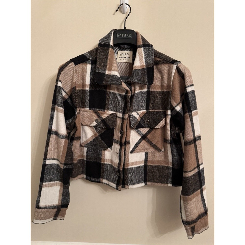 Ashley by 26 Outerwear Wool Blend Cropped Multicolor Plaid Shacket Size M